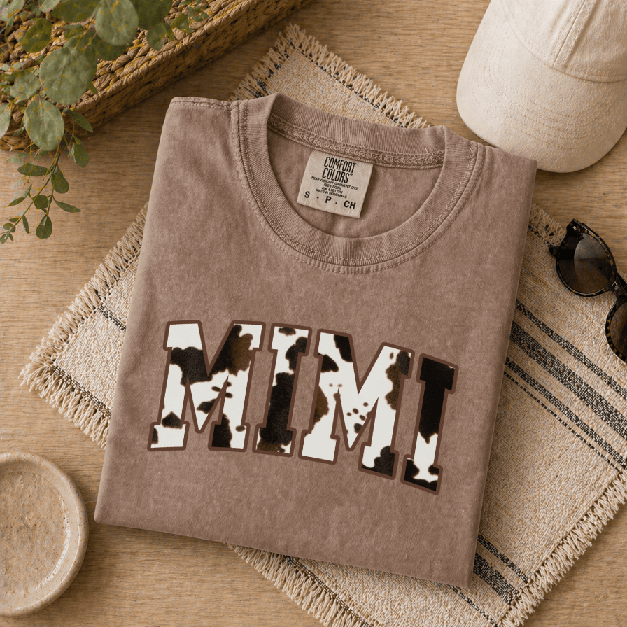 Cow Print Mimi Comfort Colors T-Shirt – Mother's Day Gift for Grandmother from Grandkids, Retro Tee - detail view